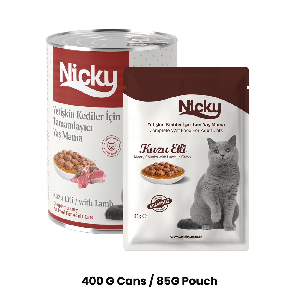 Nicky Yetişkin Kedi Yaş Maması – Soslu Kuzulu Parçalar